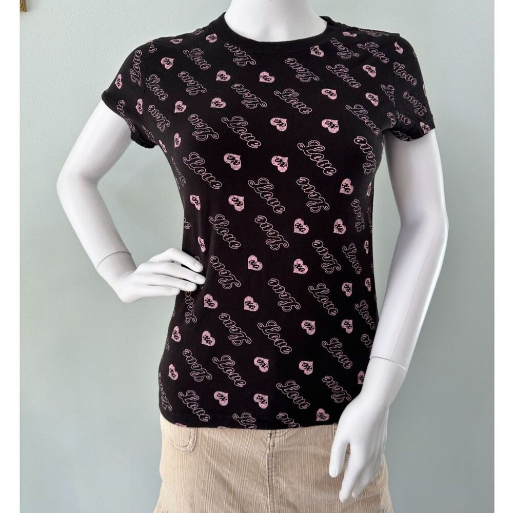 Y2k Black Pink Love Heart XO Print Baby Tee Shirt Graphic Tshirt Top size Small